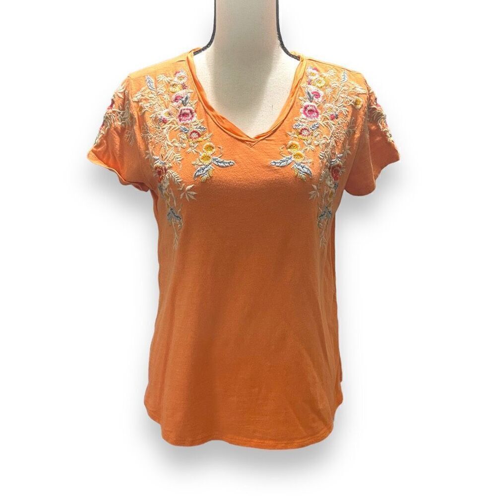 Sundance Women's Embroidered Floral Split Back Blouse Top Orange‎ Small